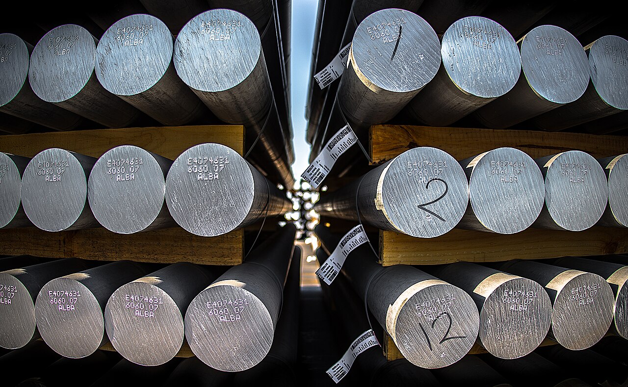 Aluminium ingots and billets stacked