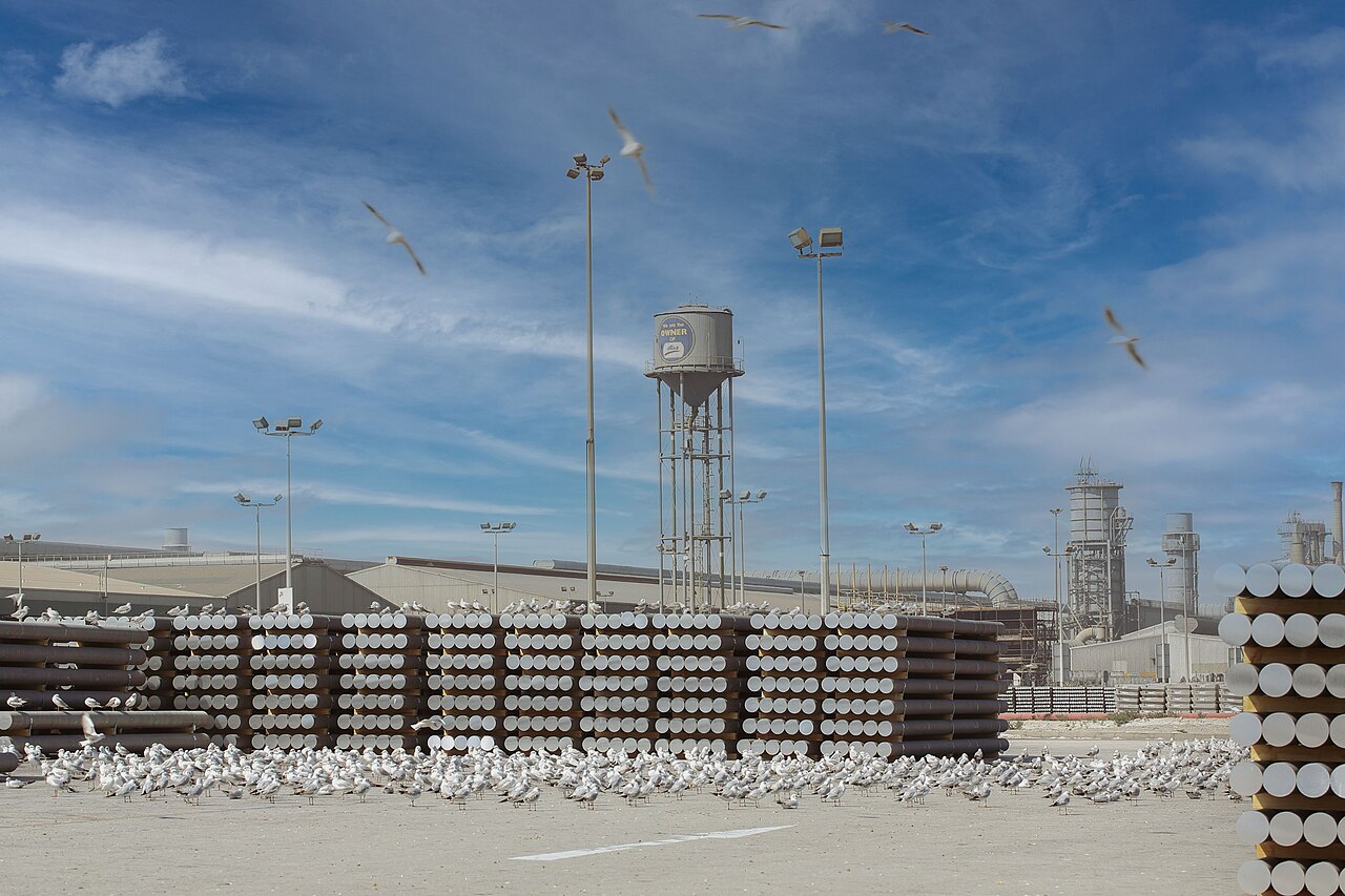 Aluminium billets stacked at a production yard