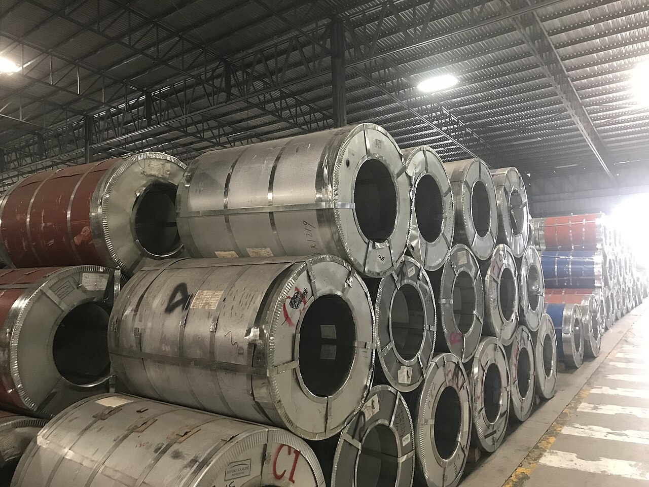 Steel coils stored in a warehouse